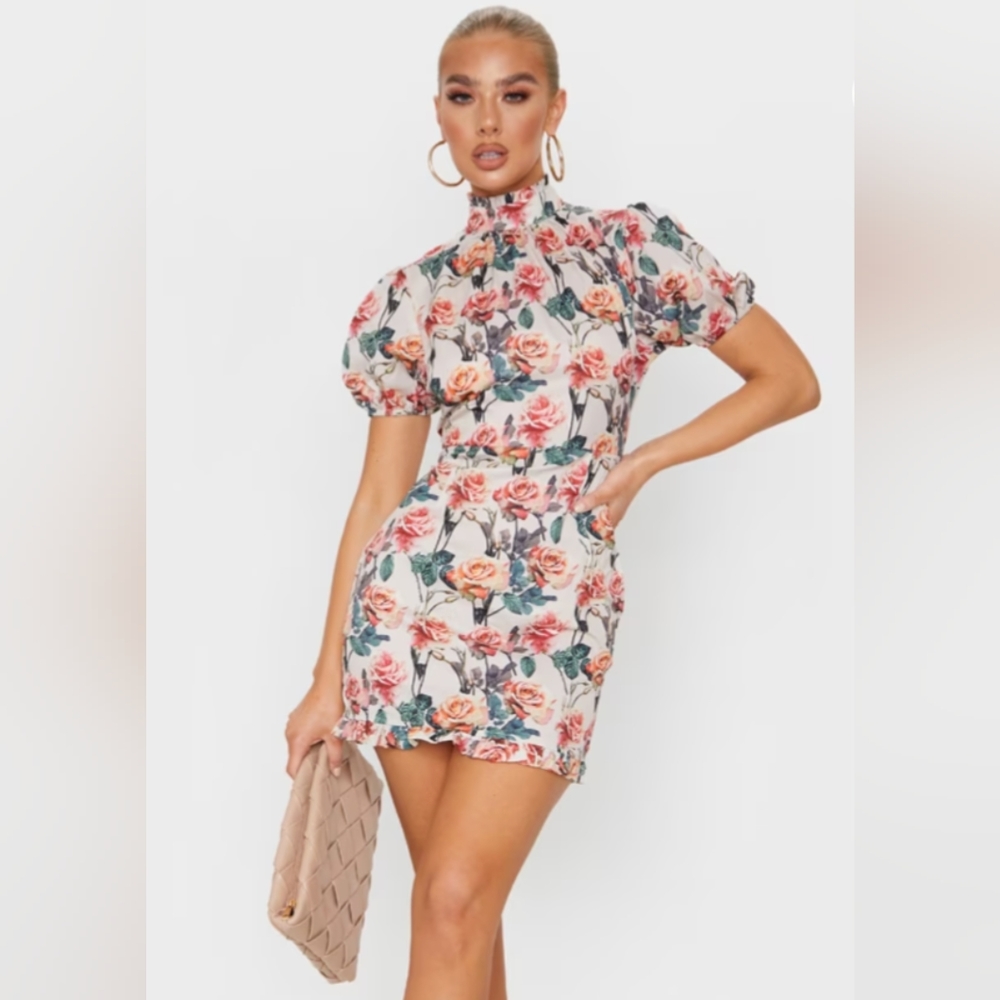 Nude Rose Print High Neck Short Sleeve Bodycon Dress Size 6 PretttLittleThing